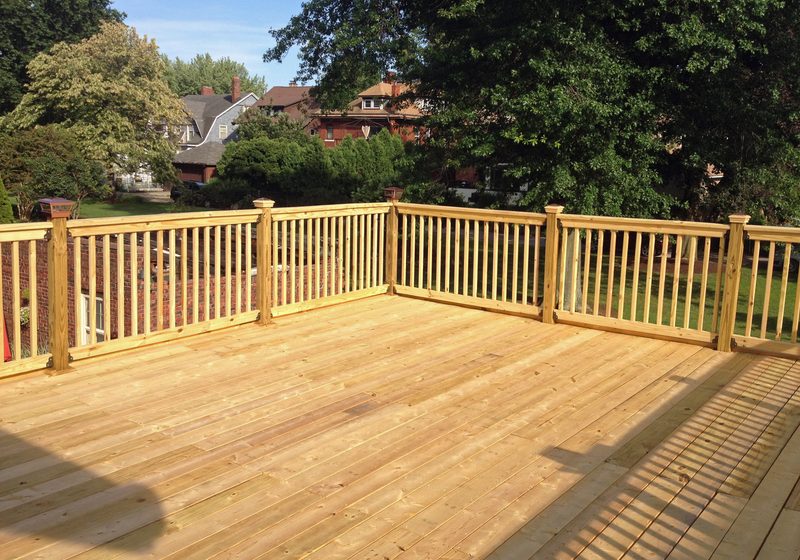 Newly built wood deck with railing
