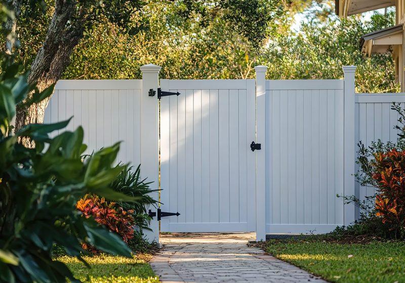 White vinyl gate with black hardware
